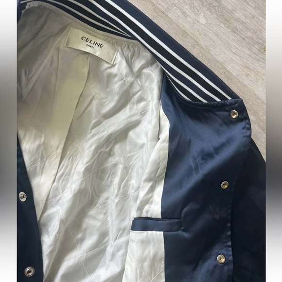 CELINE CROPPED BOMBER JACKET IN THICK SATIN NAVY - Picture 8 of 9